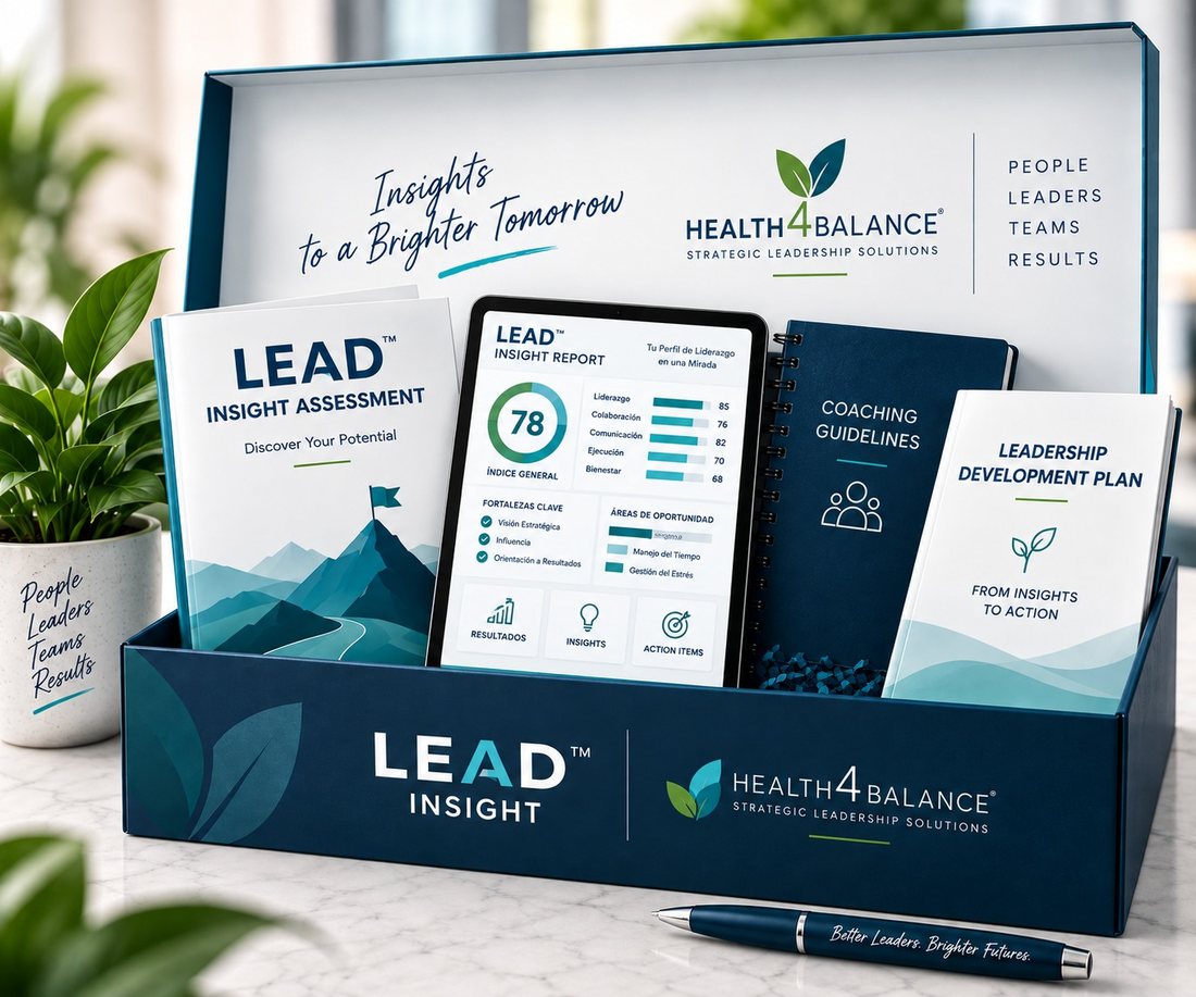 LEAD Insight kit: box with the assessment, the insight report on a tablet, the coaching guidelines and the leadership development plan