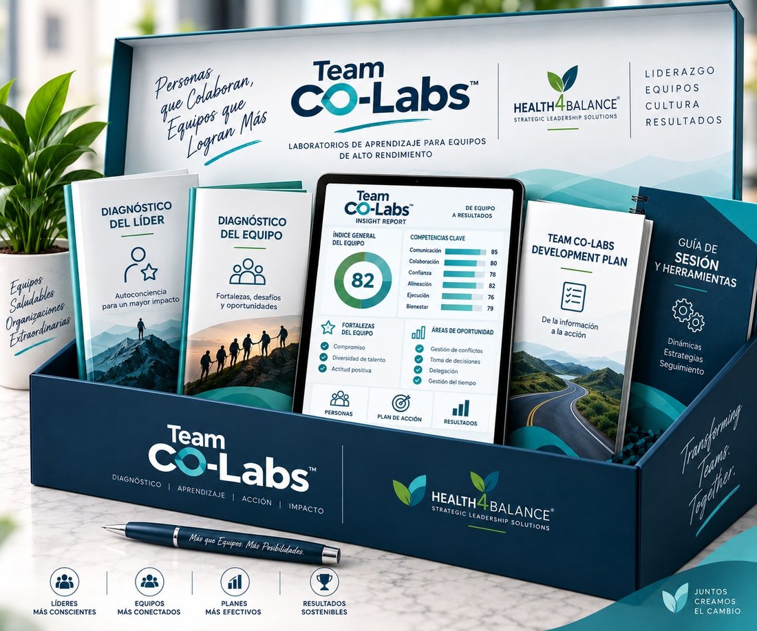 Team CO-Labs kit: box with the leader and team diagnostics, the insight report on a tablet, the development plan and the session guide